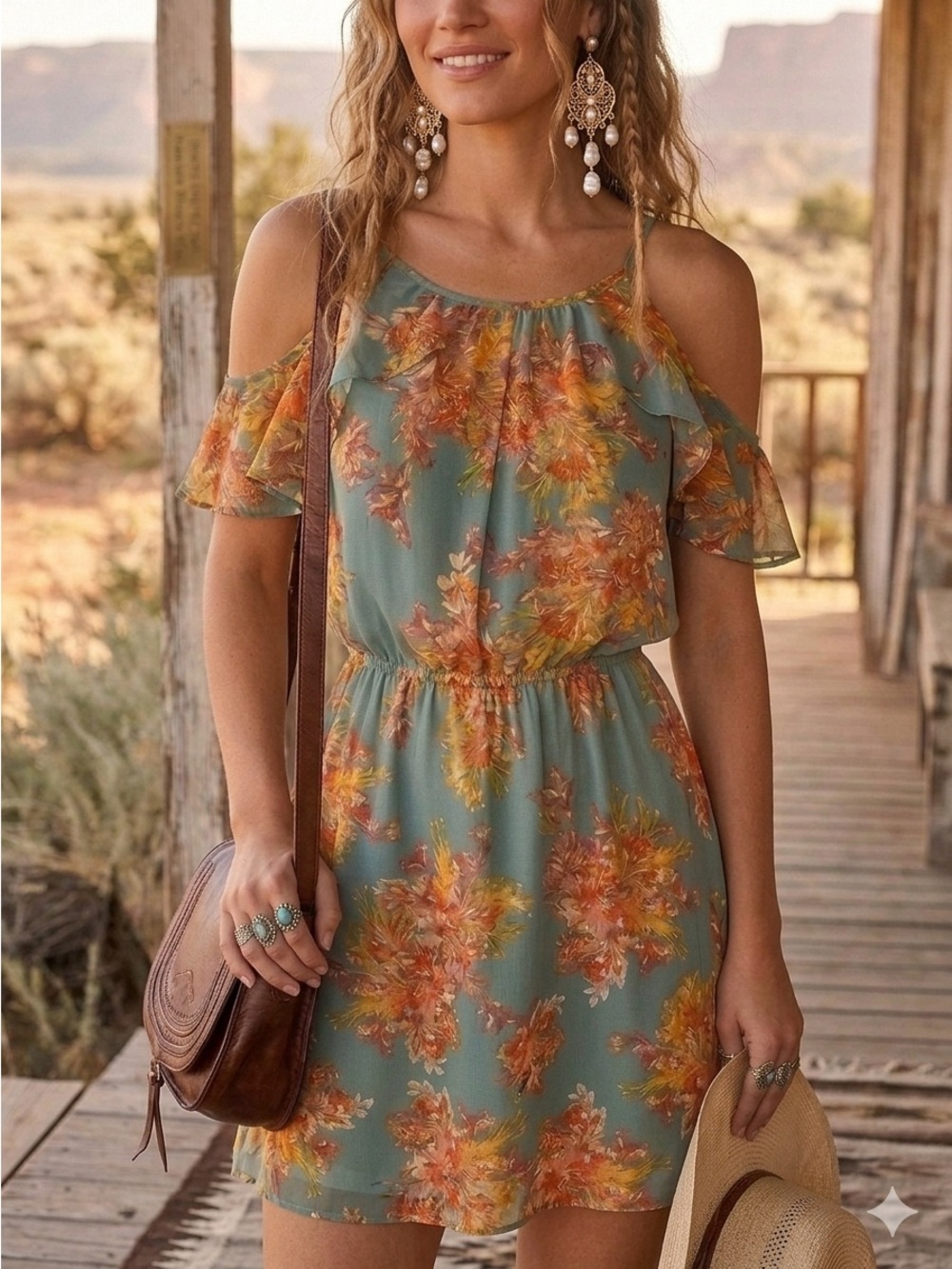 Blue Rain Green Floral Cold-Shoulder Mini Dress with Yellow & Coral Accents